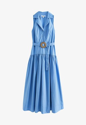 Sleeveless light blue midi dress with collar, button front, gathered skirt, and matching belt featuring a round woven buckle.