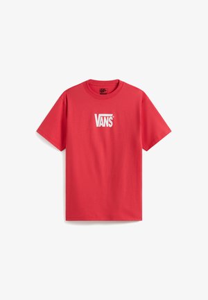 Red cotton t-shirt with short sleeves featuring a large white Vans logo on the front. Simple design, round neckline, and smooth texture.