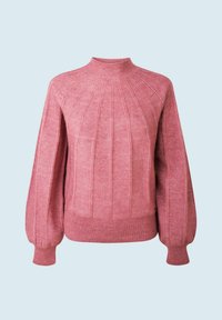 Růžový pletený svetr s vysokým límcem, žebrovanou texturou a vertikálními pruhy. Obsahuje nabrané rukávy a přiléhavý pas.