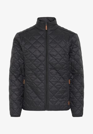 Black quilted jacket with a stand-up collar and zip front. Features side pockets and brown leather accents on the zippers. Textured surface.