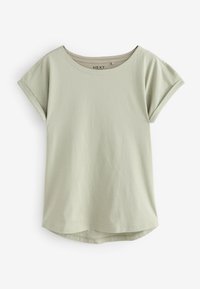 T-shirt vert clair à manches courtes avec poignets retroussés, col rond et ourlet arrondi, présenté sur fond blanc.