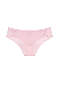 Rosa Spitze Unterwäsche mit Netzpaneelen, weicher Textur und dekorativen Details an den Seiten. Klassisches Briefdesign mit glattem Finish.