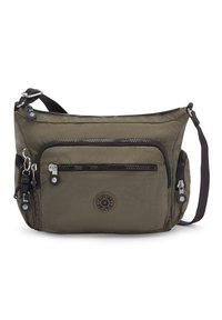 Olive green fabric crossbody bag with a main zip compartment, two front zip pockets, and a removable adjustable strap. Features brand logo.