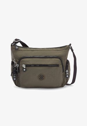 Borsa a tracolla in tessuto verde oliva con un compartimento principale con zip, due tasche frontali con zip e una tracolla rimovibile e regolabile. Presenta il logo del marchio.