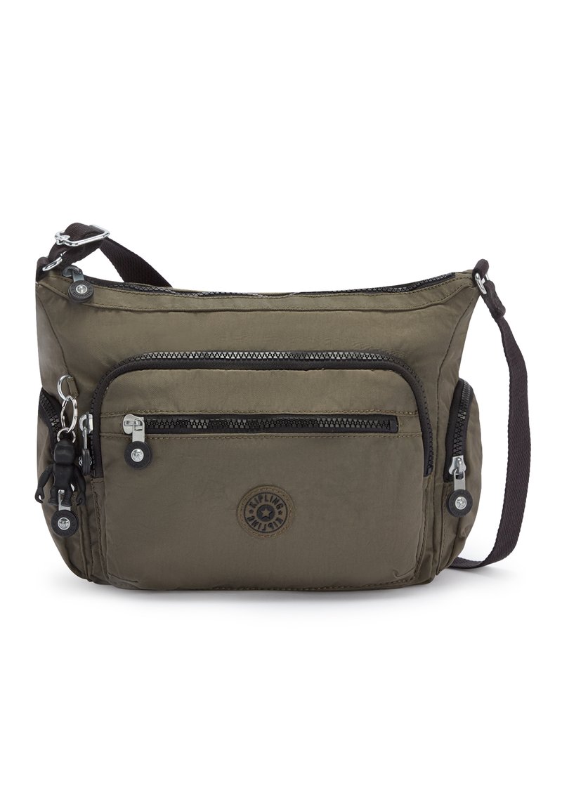 Olive green fabric crossbody bag with a main zip compartment, two front zip pockets, and a removable adjustable strap. Features brand logo.