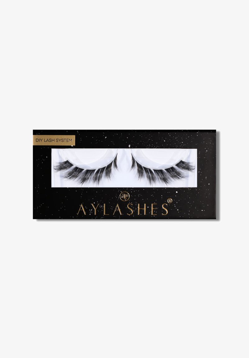 Black-packaged pair of thick, wispy false eyelashes labeled DIY Lash System by Aylashes.