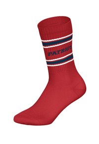Roter Baumwollsocke mit geripptem Bündchen, versehen mit weißen und blauen Streifen. "PATRIOT" ist in Marine entlang der Seite eingewebt. Klassisches Design mit mittlerer Schaftlänge.