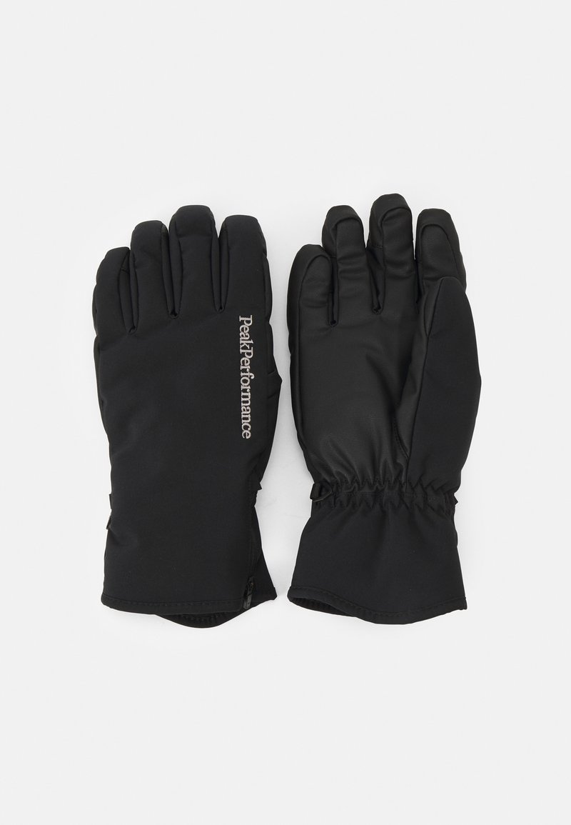 Guanti neri dal design elegante, realizzati in materiale morbido e impermeabile; presentano polsini elasticizzati e un logo laterale.