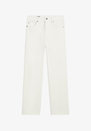 Weiße Denim-Jeans mit geradem Bein, ausgestattet mit Taschen vorne und hinten, einem Standard-Knopfverschluss und Akzenten aus Metallbeschlägen.