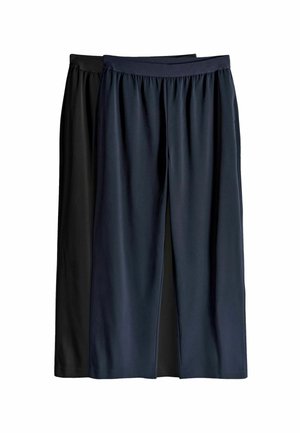 Two pairs of wide-leg pants, one black and one navy. Made from smooth fabric, featuring an elastic waistband and loose fit.