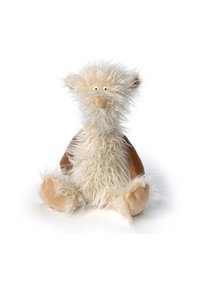 Plush toy in light beige with fluffy fur and tan accents. Features round eyes and a stitched nose, sitting upright with soft, rounded paws.