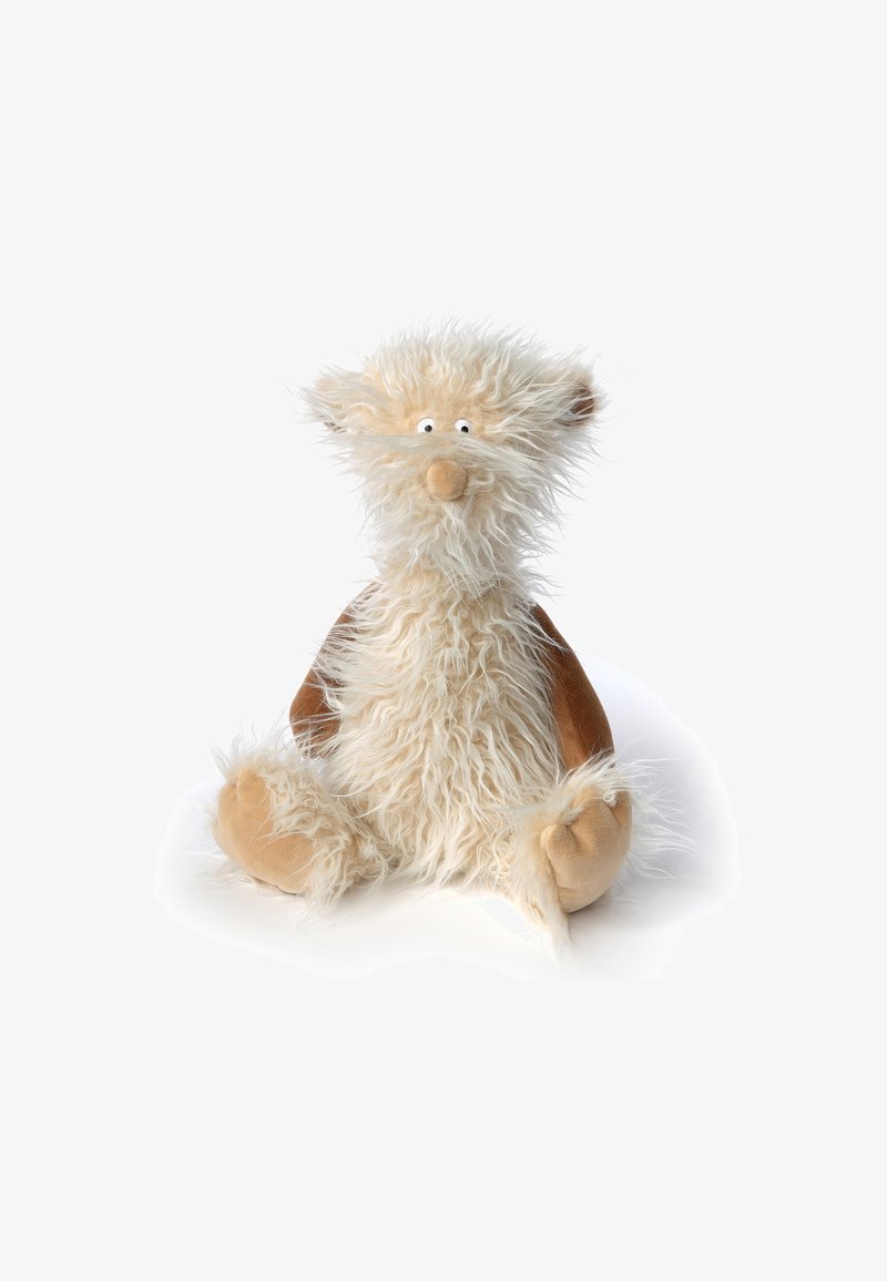Plush toy in light beige with fluffy fur and tan accents. Features round eyes and a stitched nose, sitting upright with soft, rounded paws.