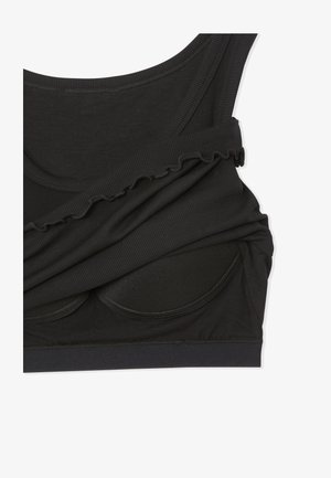 Black ribbed fabric bra with soft cups, thin straps, and a ruffled edge detail. Features smooth texture and subtle stitching.