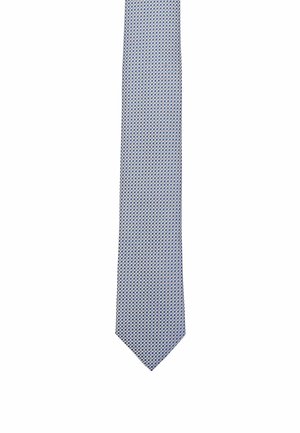 Navy blue tie with a textured pattern of small white diamonds. The fabric has a smooth finish, tapering to a pointed tip.
