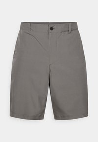 Gray shorts made of lightweight fabric with a flat front design, button closure, and subtle stitching details.