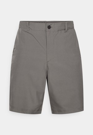 Pantalones cortos grises hechos de una tela ligera con un diseño de frente plano, cierre de botón y sutiles detalles de costura.