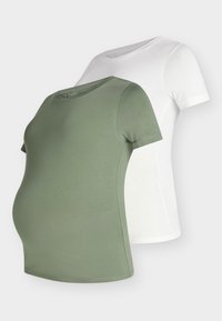 Δύο κοντομάνικα μπλουζάκια εγκυμοσύνης, ένα ελιάς πράσινο και ένα λευκό, κατασκευασμένα από απαλό, ελαστικό ύφασμα με στρογγυλή λαιμόκοψη.