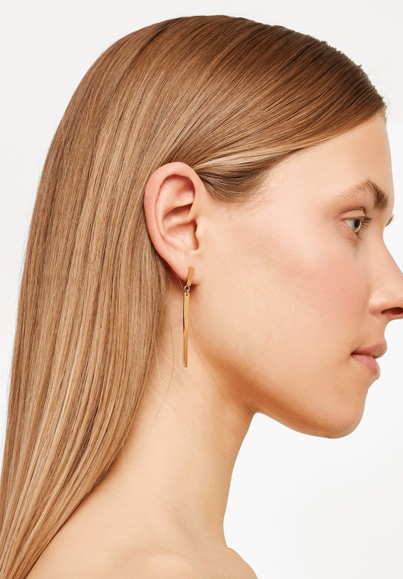 Gouden oorbellen met een lang, verticaal staafontwerp dat onder de oorlel hangt, met een gladde, glanzende oppervlakte.