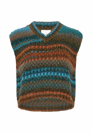 Veste tricotée avec col en V, présentant des rayures horizontales en vert sarcelle, marron et orange. Coupe ample avec une texture douce. Sans manches.