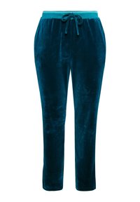 Teal veloursbroek met een elastische tailleband en een trekkoord. Beschikt over zijzakken en een gladde textuur, die taps toeloopt bij de enkels.