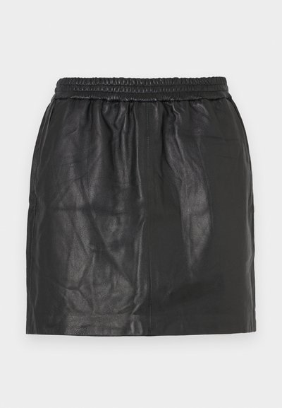 Black leather skirt featuring an elastic waistband, smooth texture, and a simple, knee-length design. No additional patterns or accents.