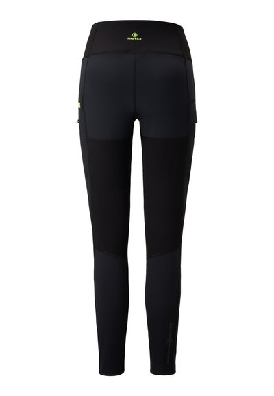 Schwarze Leggings mit hohem Bund, Panelelementen in unterschiedlichen Texturen und einem reflektierenden Logo. Seitentaschen für die Aufbewahrung.