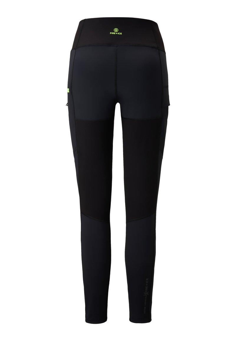 Schwarze Leggings mit hohem Bund, Panelelementen in unterschiedlichen Texturen und einem reflektierenden Logo. Seitentaschen für die Aufbewahrung.
