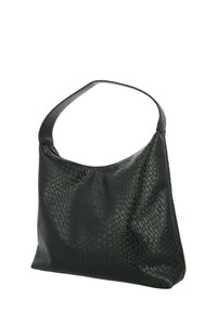 Borsa a spalla nera, texture morbida con silhouette slouchy, dotata di manico arrotondato e superficie con motivo rettile.