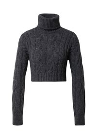 Dunkelgrauer, kurz geschnittener Pullover mit Kabelstrickmuster und Stehkragen. Verfügt über gerippte Bündchen und Saum sowie ein strukturiertes Muster im gesamten Sweater.