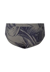 Slip da bagno da uomo in blu scuro con un motivo floreale a righe beige in contrasto. Il tessuto è morbido e presenta una vita elastica.