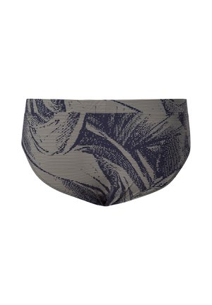 Slips de bain pour hommes en bleu foncé avec un motif floral rayé beige en contraste. Le tissu est lisse avec une taille élastique.