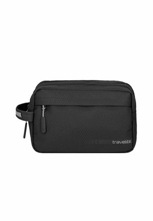 Schwarze Reisekosmetiktasche mit sechseckiger Textur, ausgestattet mit einem Reißverschlussfach, einem Seitengriff und dem silbernen "travelite"-Logo.