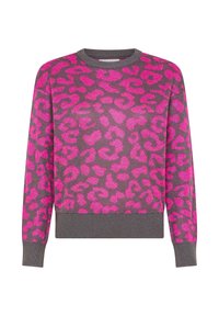 Maglione lavorato a maglia con base grigia e motivo leopardato rosa, colletto a girocollo e polsini e orlo a coste.