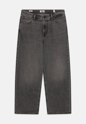 Wijduitlopende jeans van vervaagd zwart denim met contrasterende stiksels, voorzakken en een knoopsluiting. Label zichtbaar op de tailleband.