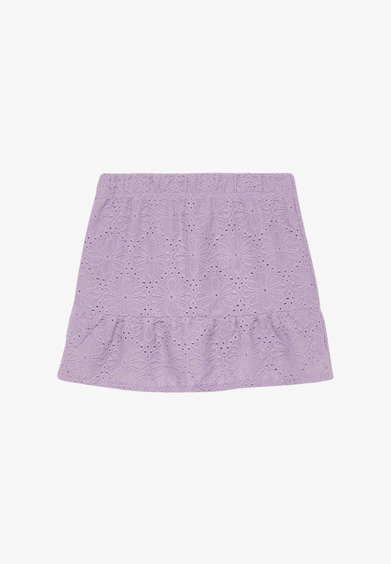 Mini-jupe lilas avec motif en dentelle florale et ourlet à volants, posée à plat sur fond blanc.