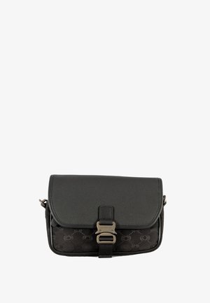 Sac bandoulière noir avec fermeture à rabat, boucle en métal et motif circulaire discret sur la partie inférieure du panneau avant, présenté sur fond blanc.