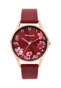 Rote Armbanduhr mit floralem Muster, glänzendem Zifferblatt, goldfarbenen Stundenmarkierungen und rotem Silikonarmband. Verfügt über ein rundes Gehäuse und schlichte Zeiger.