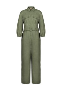Olivgrön jumpsuit i linne med ett bälte i midjan, krage och två bröstfickor. Långa ärmar med elastiska manschetter, vida ben.