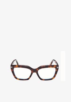 Prostokątne okulary w oprawie typu tortoise z grubymi ramkami i subtelnymi niebieskimi krawędziami soczewek, z srebrnym logo "T" na zausznikach.
