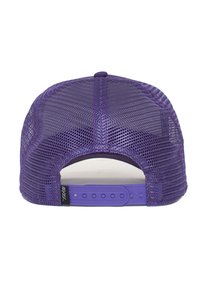 Cappellino trucker a rete viola con chiusura a scatto in plastica e visiera curva. La parte posteriore in rete consente una buona traspirazione. Design semplice senza ulteriori dettagli.