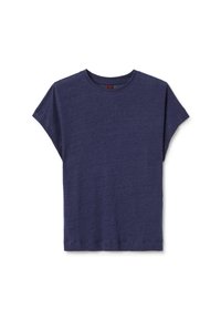Marineblaue Kurzarm-T-Shirt mit Rundhalsausschnitt und lockerer Passform, aus einem weichen, strukturierten Stoff gefertigt. Keine sichtbaren Muster oder Akzente.