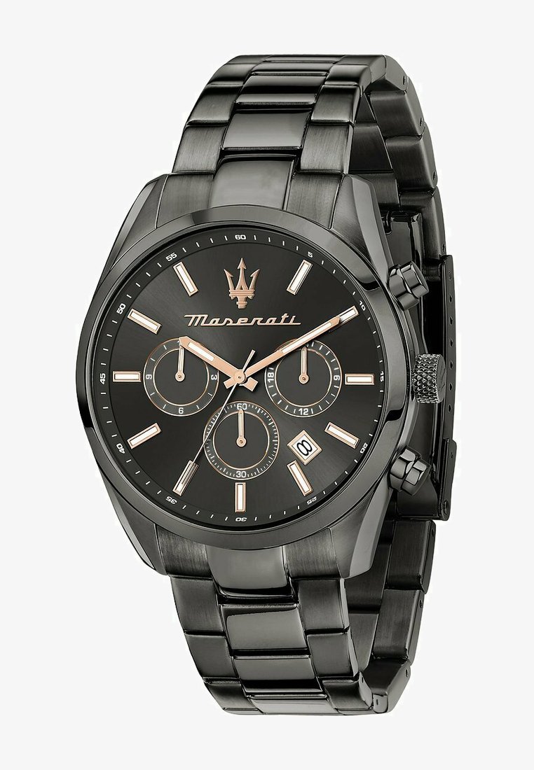 Schwarz Edelstahl Chronographuhr mit rundem schwarzem Zifferblatt, roségoldenen Akzenten und einem Gliederarmband. Verfügt über drei Zähler und eine Datumsanzeige.