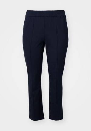 Pantaloni stretchy blu navy con vita elastica, dotati di dettaglio della cucitura frontale e un design a gamba affusolata. Tessuto morbido e liscio.