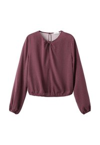 Bordeauxfarbige Bluse mit langen Ärmeln, lockerer Passform, rundem Ausschnitt, einer Schleifenbindung auf der Rückseite und einem dezenten geometrischen Muster. Hergestellt aus leichtem Stoff.