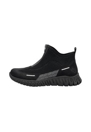 Black slip-on shoes with a mesh upper, zip closure, and textured rubber sole. Features reflective accents and logo detail on the side.