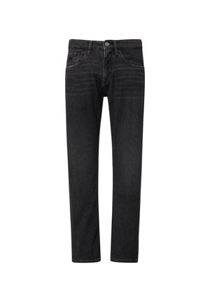 Schwarze Jeans aus Denim mit gerade geschnittenem Bein, ausgestattet mit einem Knopfverschluss, fünf Taschen und dezenten Ausbleichungen an den Oberschenkeln. Klassischer Stil.