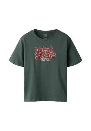 Dark green cotton t-shirt with short sleeves, round neckline, and a printed graphic in red and white saying "Great Serve. Let's Play and Have Fun."