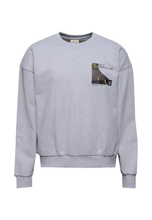 Grauer Baumwollpullover mit langen Ärmel, Rundhalsausschnitt und gerippten Bündchen. Auf der Vorderseite befindet sich ein grafischer Druck in Schwarz und Gelb.