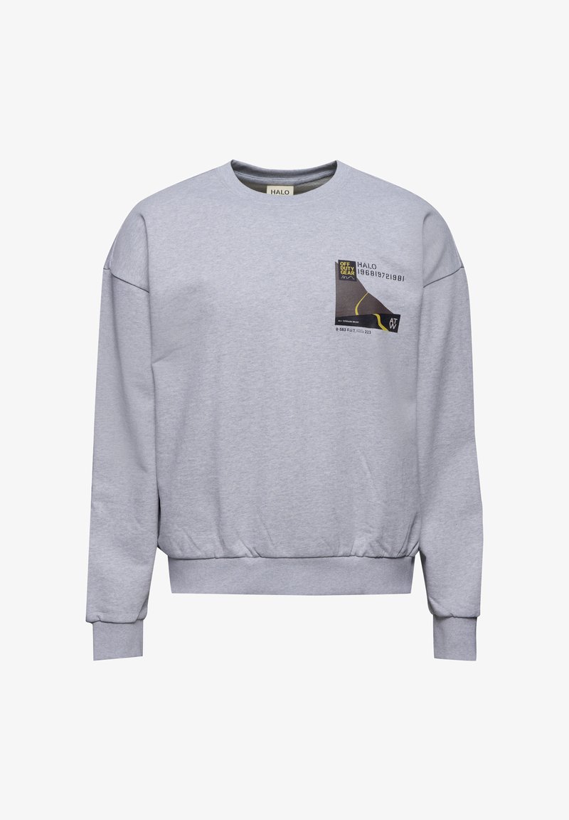 Grå bomullströja med långa ärmar, rundad halsringning och ribbade muddar. Har ett grafiskt tryck i svart och gult på framsidan.