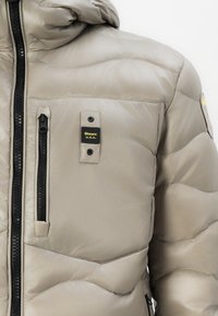 Light gray puffer jacket featuring a zippered front, two zippered pockets, and a hood. Logo patch on the chest adds detail. Satin finish texture.